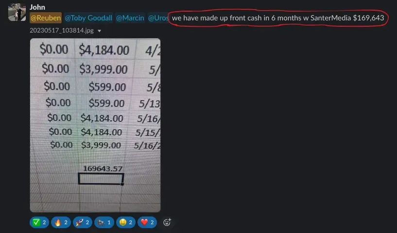 We have made up front cash in 6 months w SanterMedia: $169,643